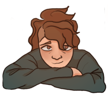 A digital drawing of Elijah, a white dude with a curly brown mohawk and big brown eyes.